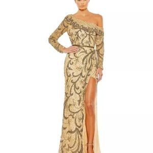 Mac Duggal Women's Embellished Gold/Nude One Shoulder Long Sleeve Faux Wrap 12